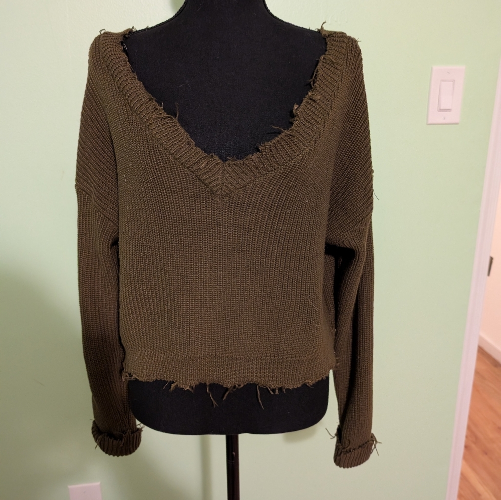 Army Green Distressed Sweater